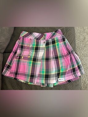 Justice Pink Plaid Skirt with Green and Black Details